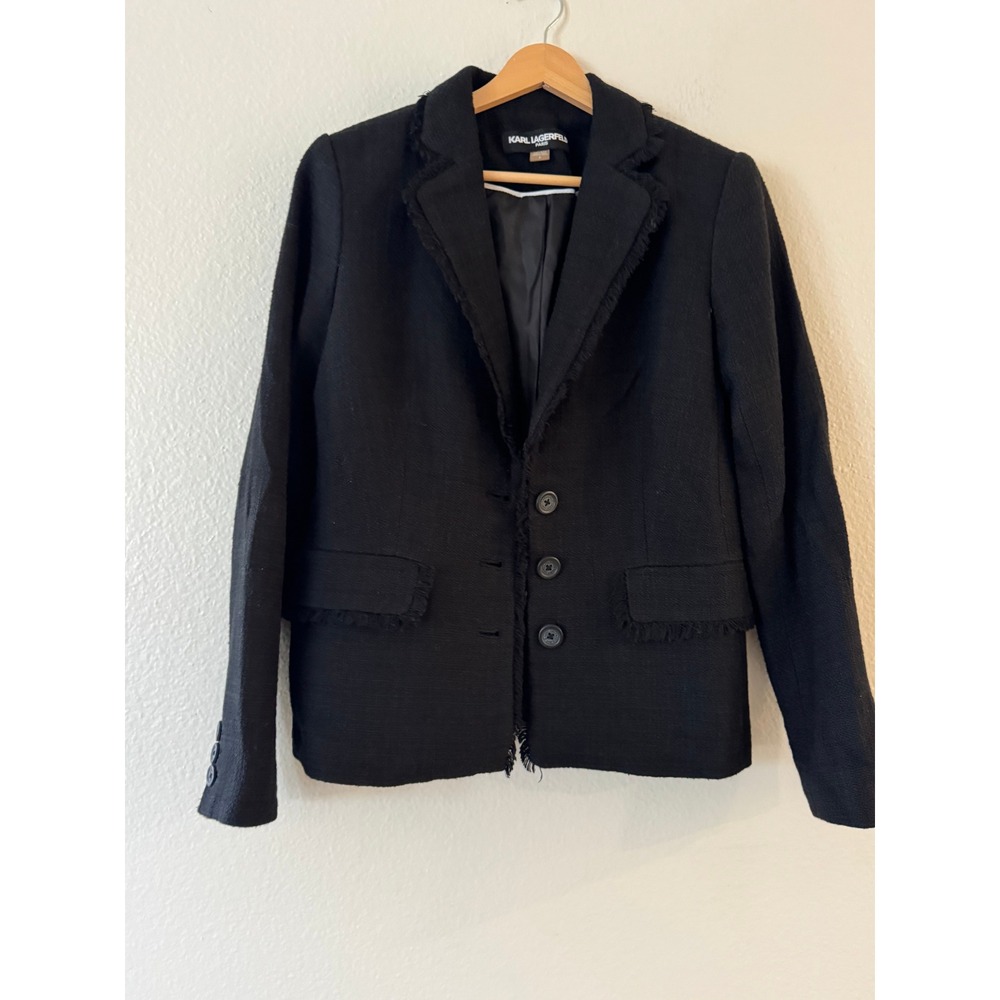 Karl Lagerfeld Paris Fringed Tweed Blazer Size 8 Black 3-Button Jacket Good